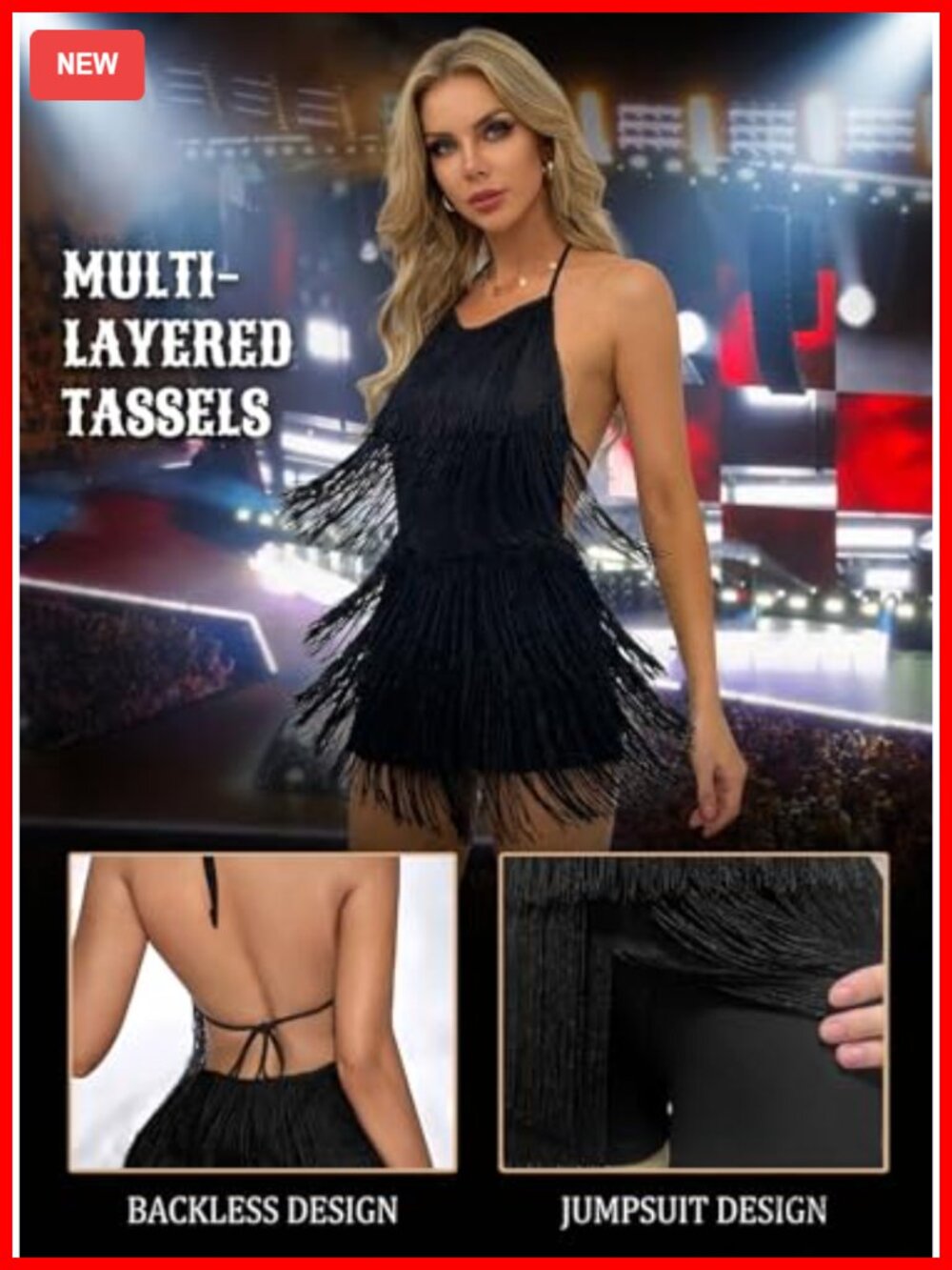 Sexy Fringe Backless Halter Jumpsuit Mini Skirted Romper Western Concert